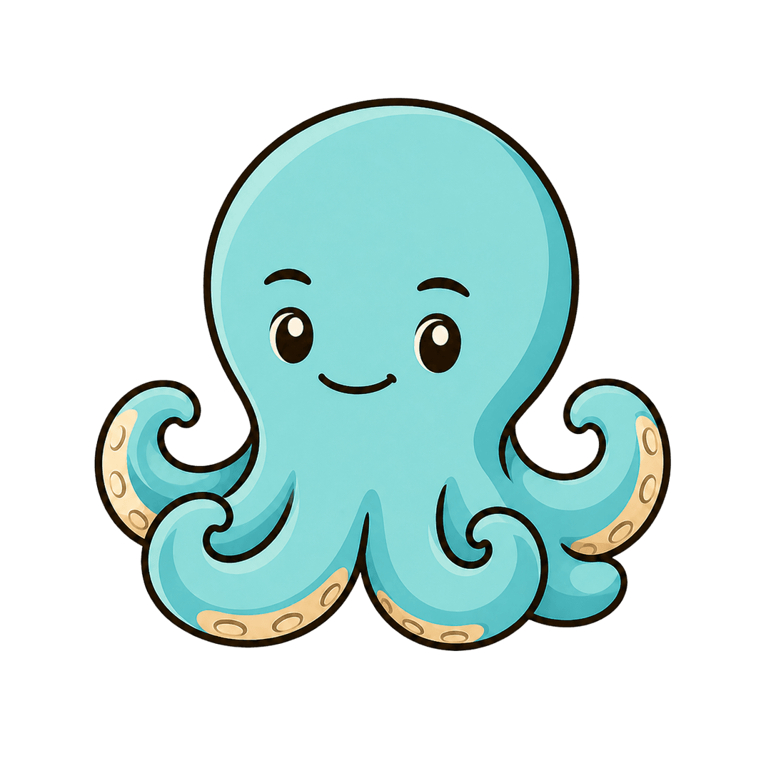 Ocho mascot, a soft turquoise octopus