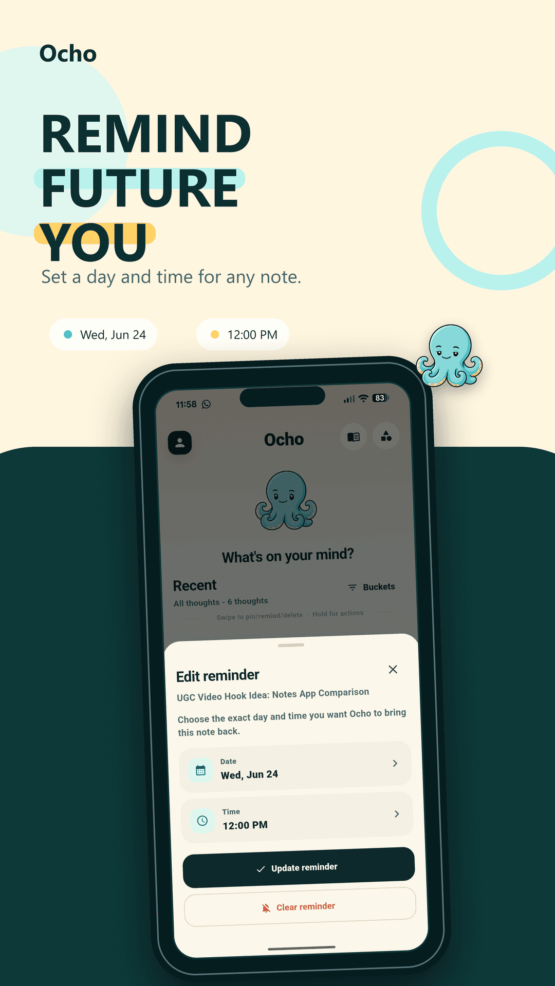 Ocho reminder editor with date and time